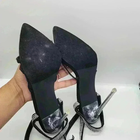 Beautiful Miss Lola Black EMBELLISHED STRAP Clear Heels Open Toe Size 6 - Picture 6 of 11